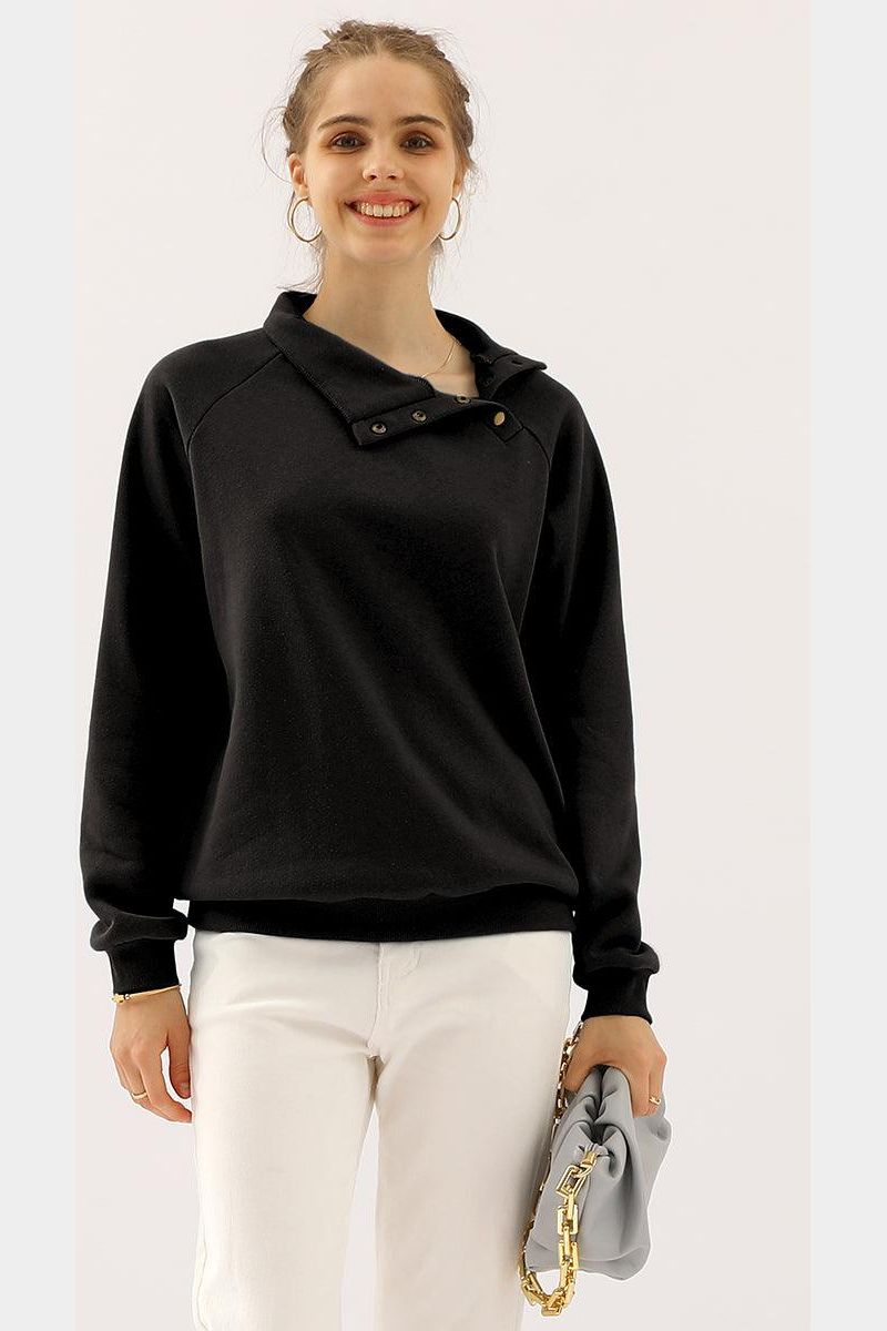 TURTLENECK BUTTON RAGLAN SLEEVES SWEATSHIRT - Doublju