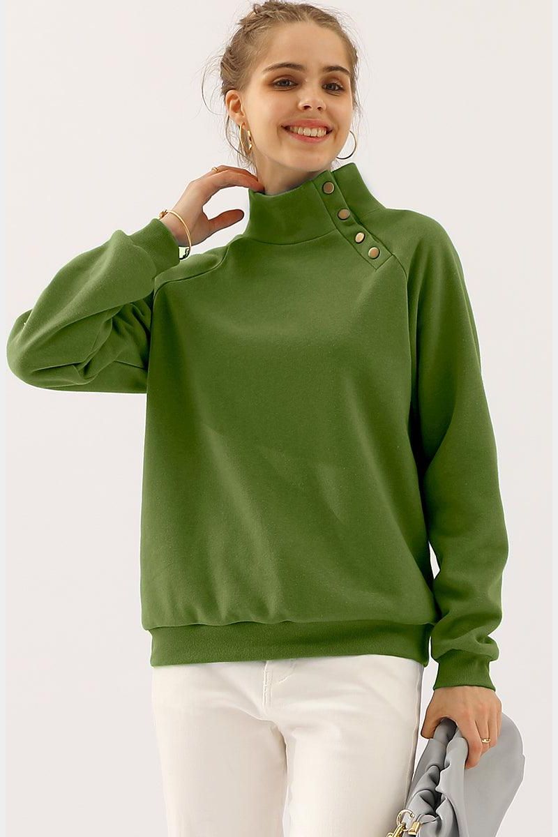 TURTLENECK BUTTON RAGLAN SLEEVES SWEATSHIRT - Doublju