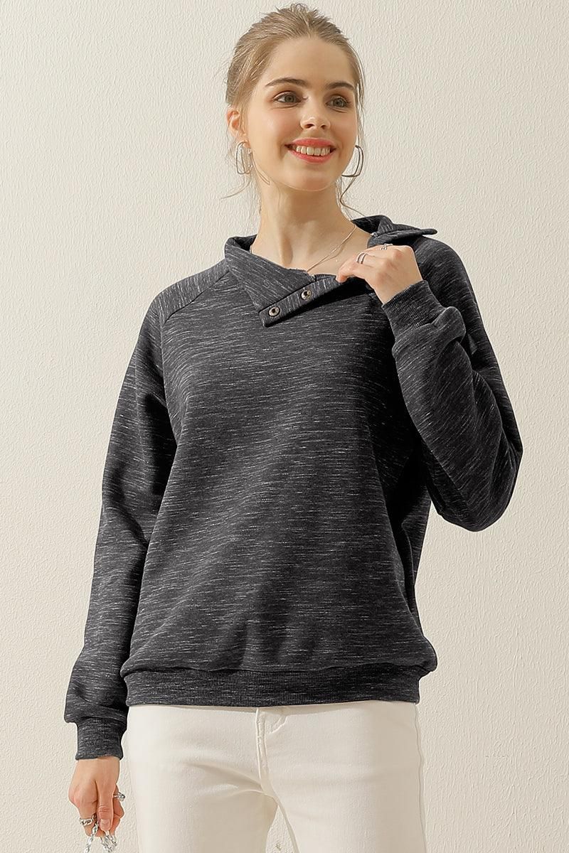 TURTLENECK BUTTON RAGLAN SLEEVES SWEATSHIRT - Doublju