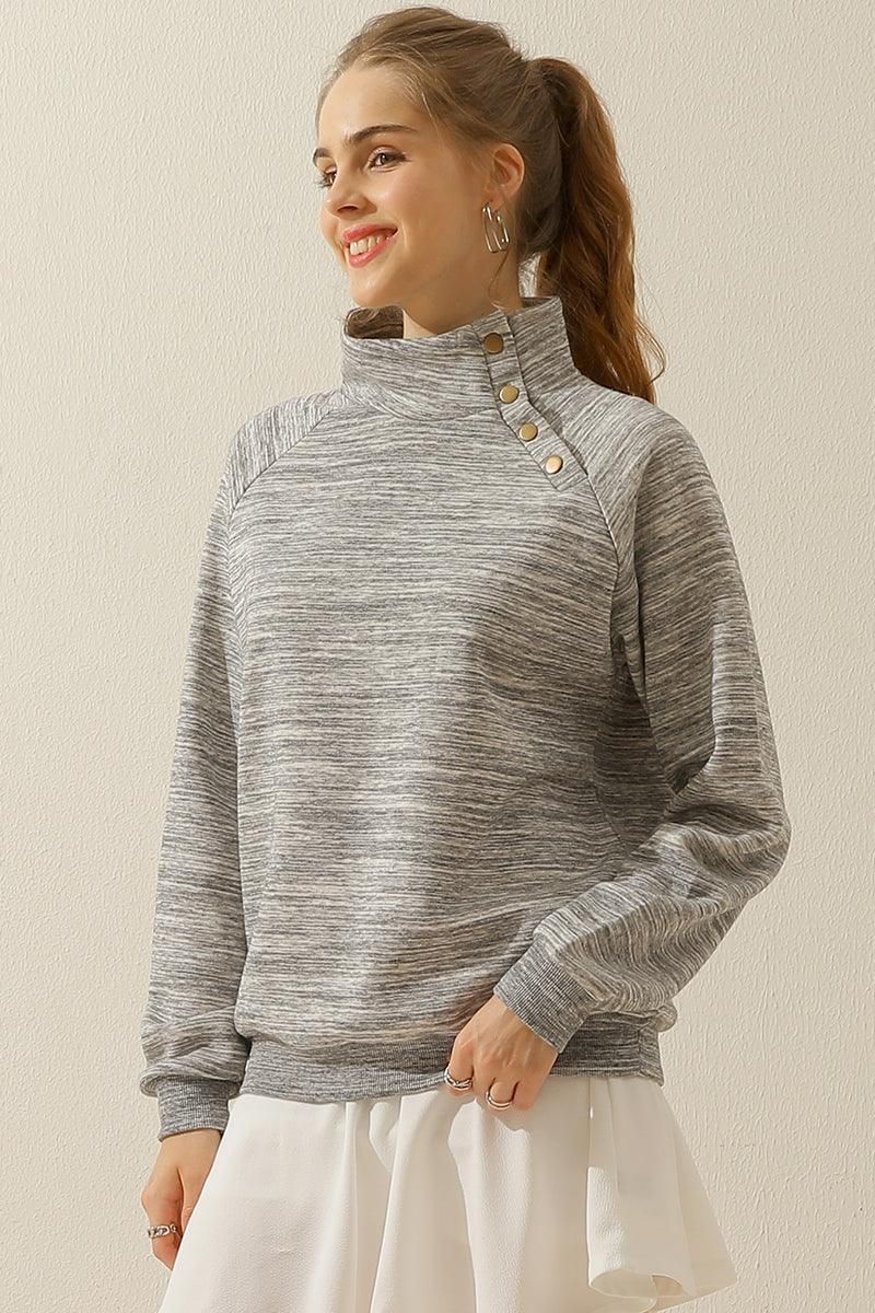 TURTLENECK BUTTON RAGLAN SLEEVES SWEATSHIRT - Doublju