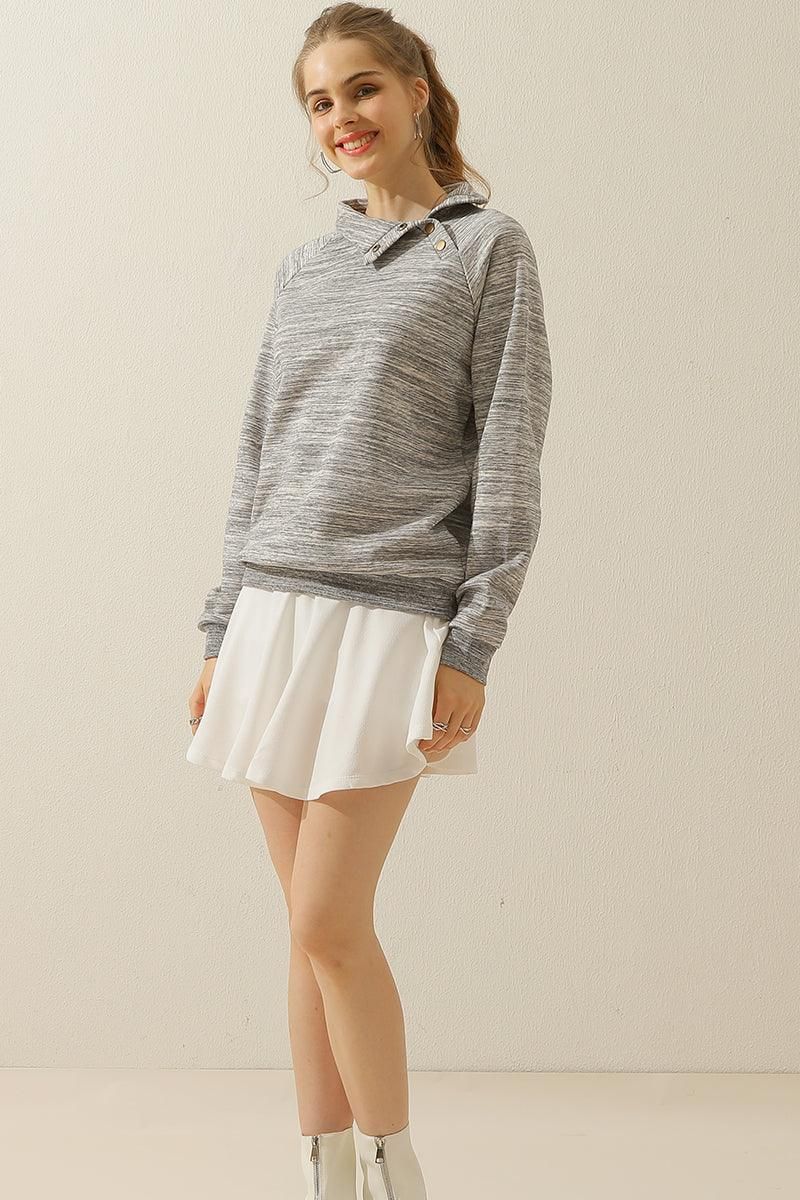 TURTLENECK BUTTON RAGLAN SLEEVES SWEATSHIRT - Doublju