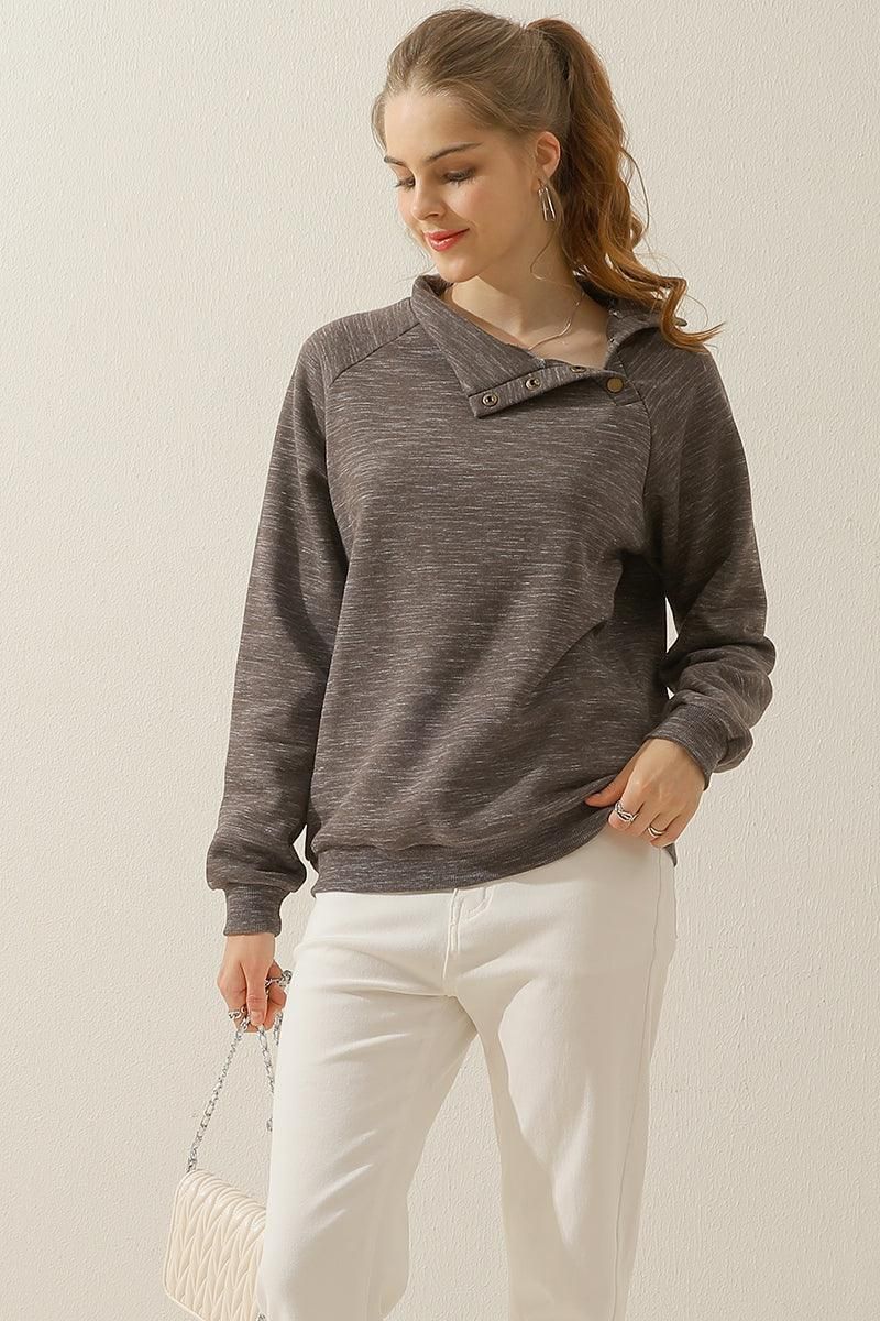 TURTLENECK BUTTON RAGLAN SLEEVES SWEATSHIRT - Doublju