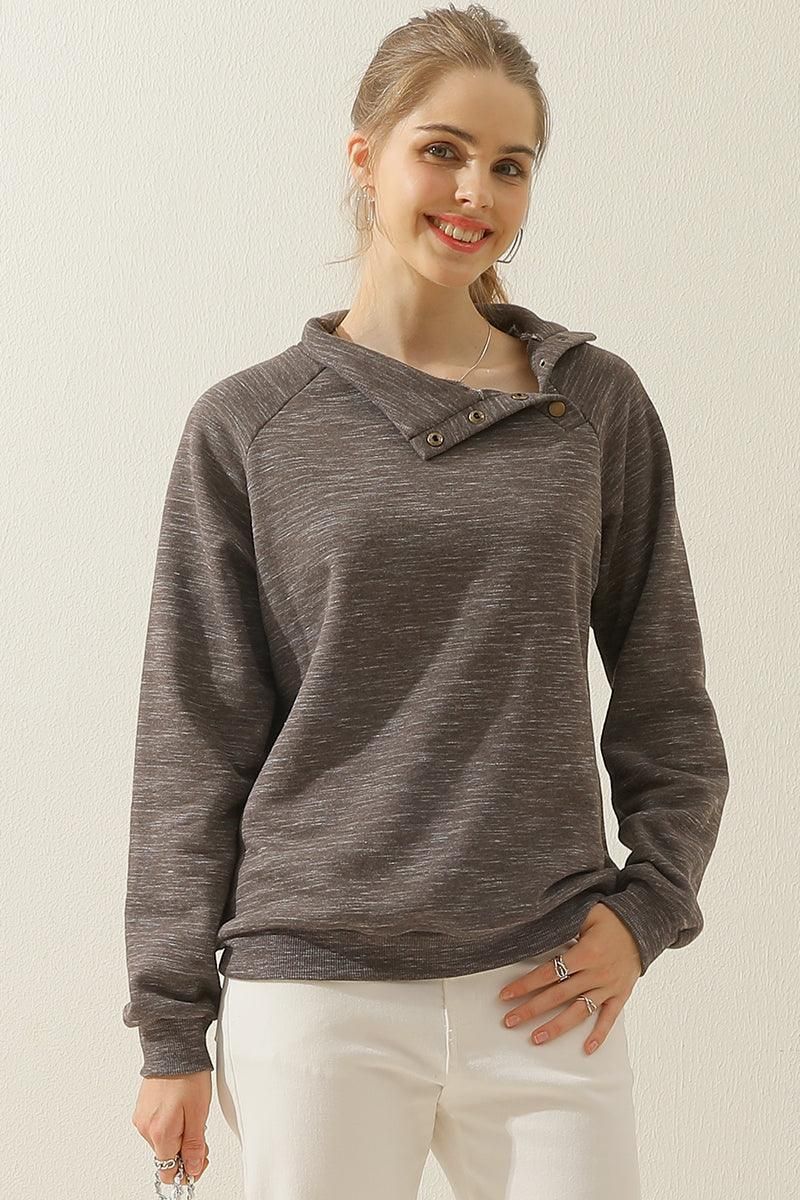 TURTLENECK BUTTON RAGLAN SLEEVES SWEATSHIRT - Doublju