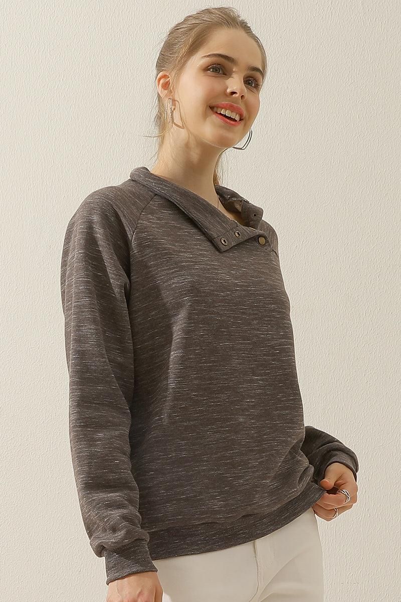 TURTLENECK BUTTON RAGLAN SLEEVES SWEATSHIRT - Doublju