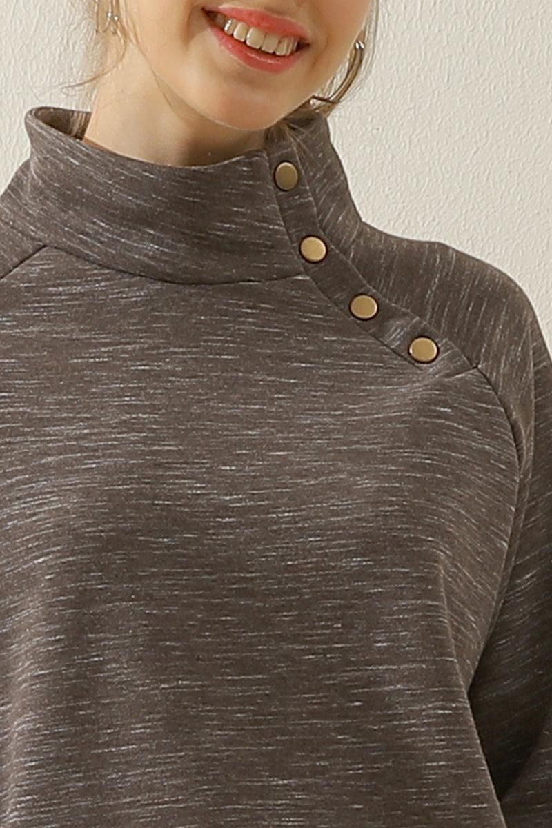 TURTLENECK BUTTON RAGLAN SLEEVES SWEATSHIRT - Doublju