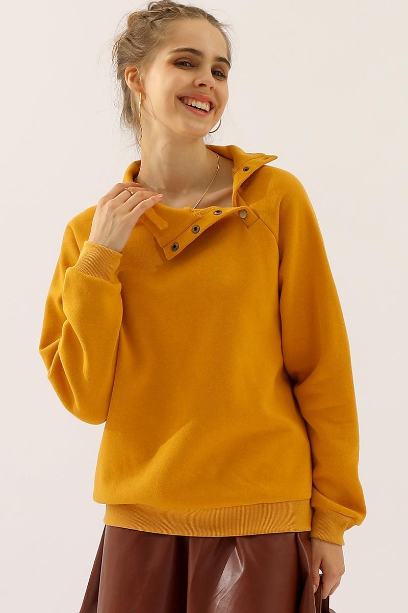 TURTLENECK BUTTON RAGLAN SLEEVES SWEATSHIRT - Doublju