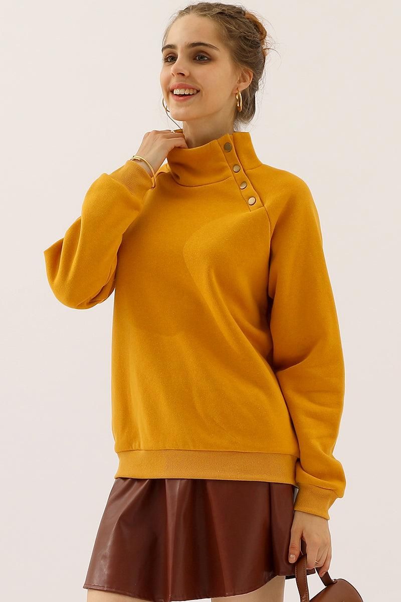 TURTLENECK BUTTON RAGLAN SLEEVES SWEATSHIRT - Doublju