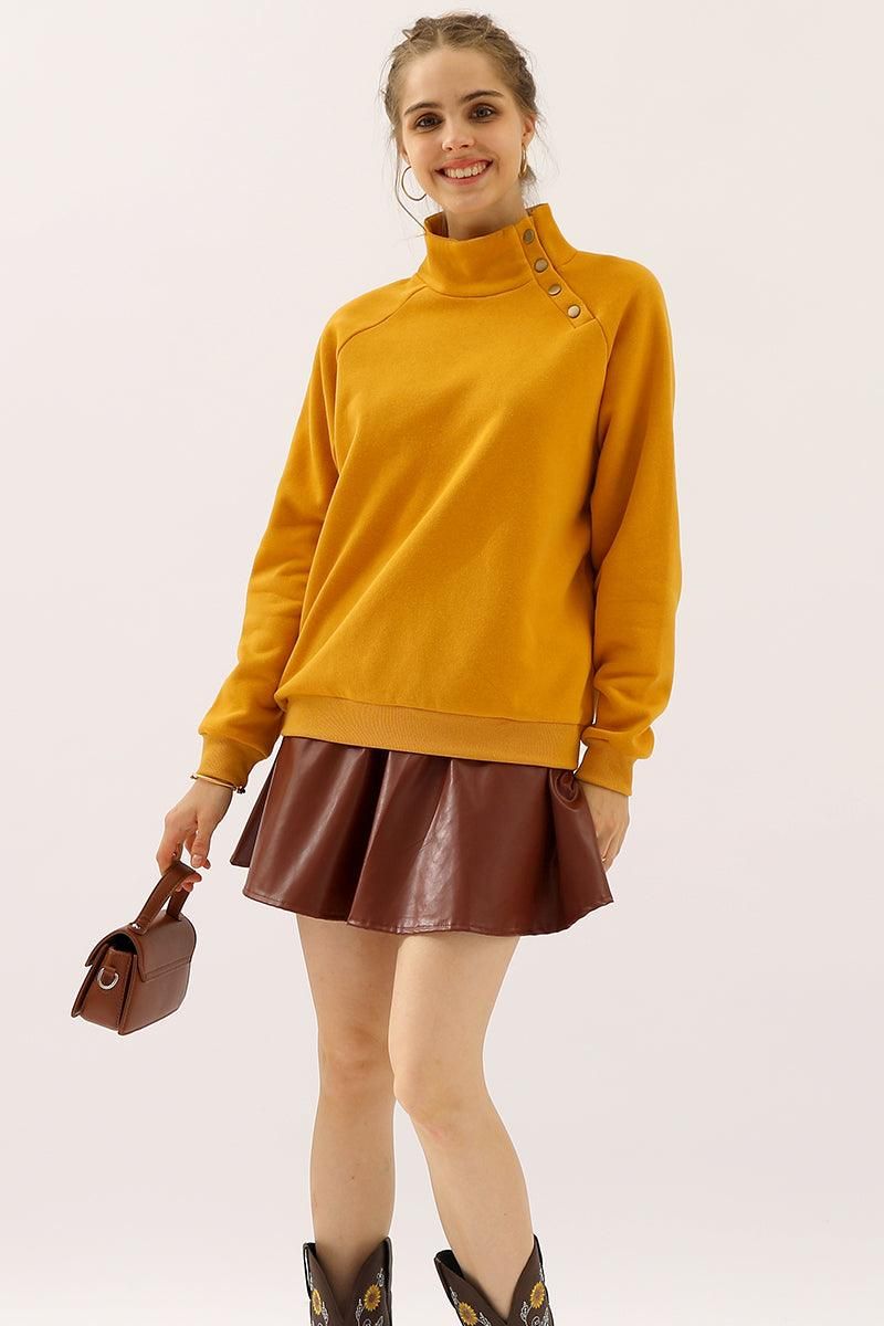 TURTLENECK BUTTON RAGLAN SLEEVES SWEATSHIRT - Doublju