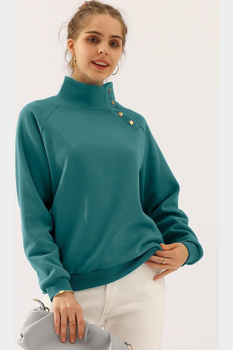 TURTLENECK BUTTON RAGLAN SLEEVES SWEATSHIRT - Doublju