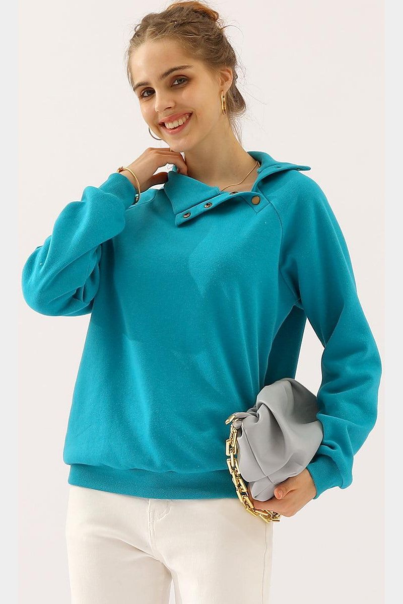 TURTLENECK BUTTON RAGLAN SLEEVES SWEATSHIRT - Doublju