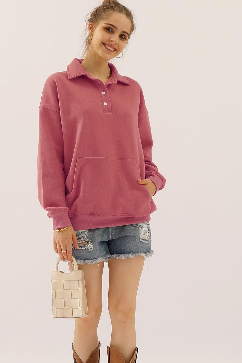 BOTTON COLLAR SWEATSHIRT WITH KANGAROO POCKET - Doublju