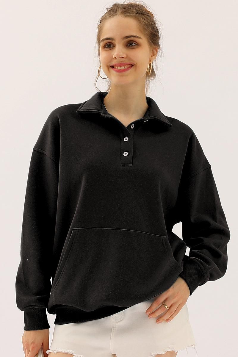 BOTTON COLLAR SWEATSHIRT WITH KANGAROO POCKET - Doublju