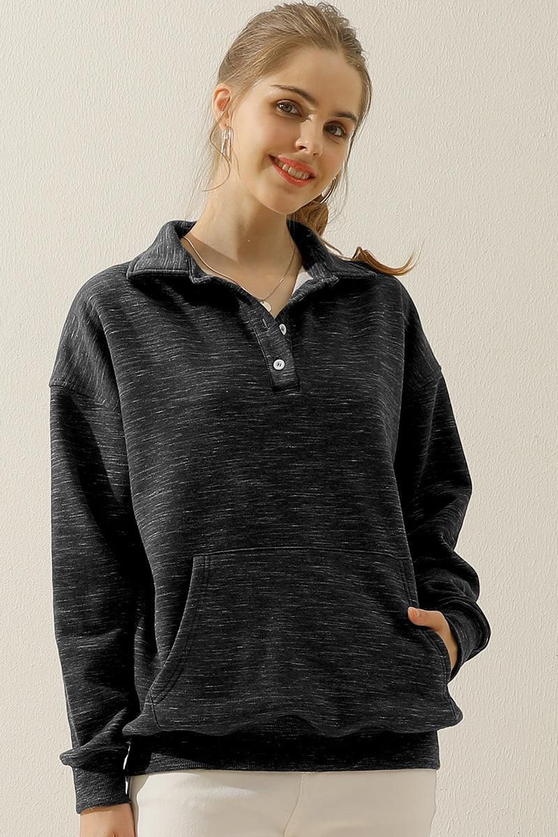 BOTTON COLLAR SWEATSHIRT WITH KANGAROO POCKET - Doublju