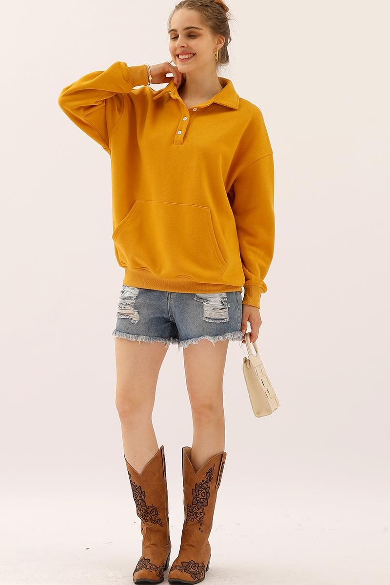 BOTTON COLLAR SWEATSHIRT WITH KANGAROO POCKET - Doublju