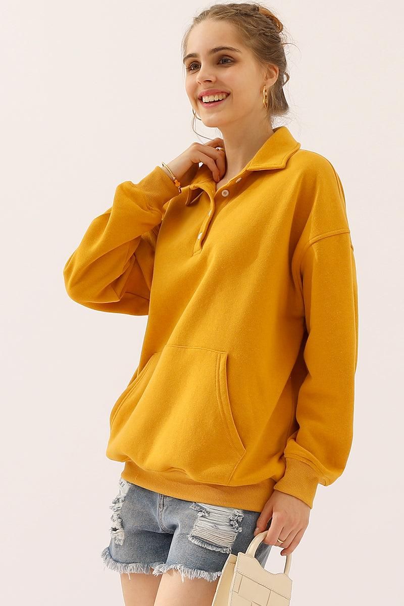 BOTTON COLLAR SWEATSHIRT WITH KANGAROO POCKET - Doublju