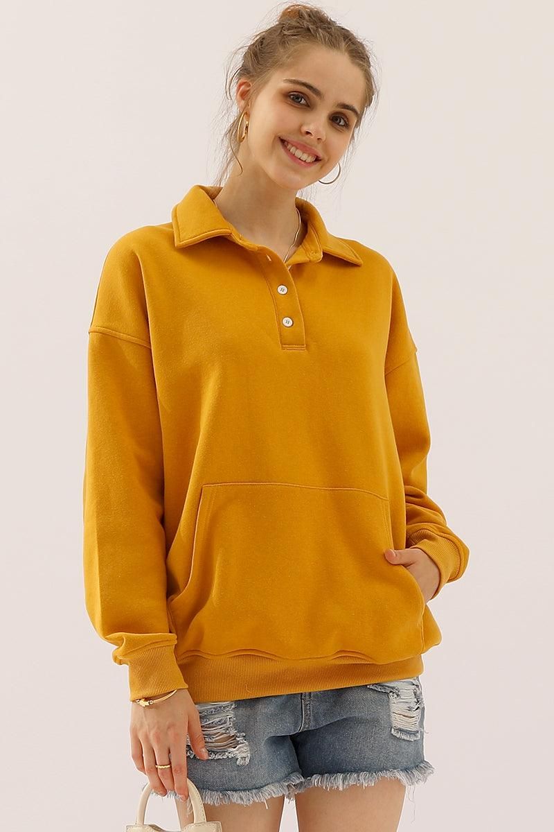 BOTTON COLLAR SWEATSHIRT WITH KANGAROO POCKET - Doublju