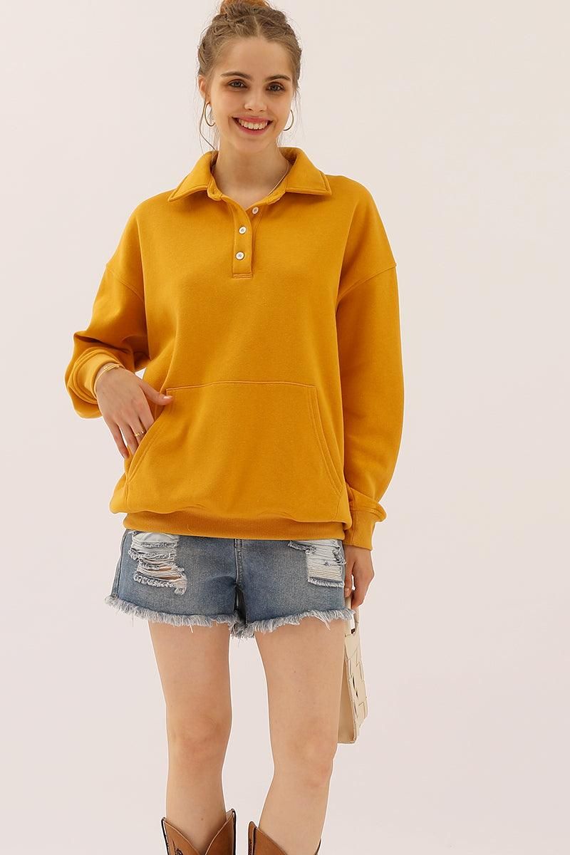 BOTTON COLLAR SWEATSHIRT WITH KANGAROO POCKET - Doublju