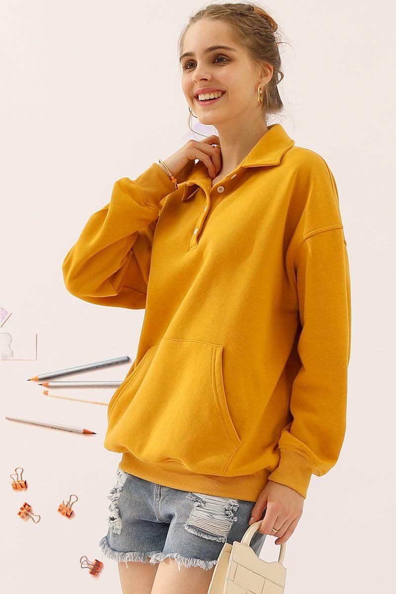 BOTTON COLLAR SWEATSHIRT WITH KANGAROO POCKET - Doublju