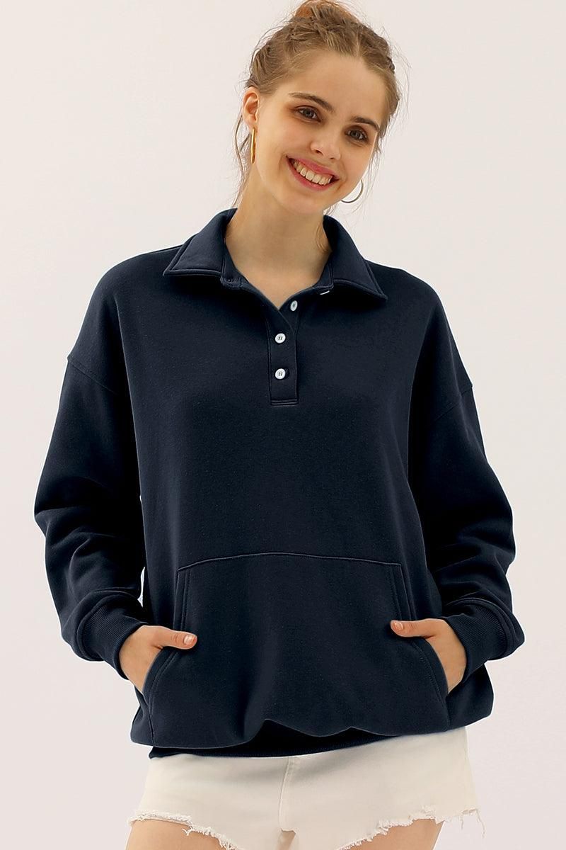 BOTTON COLLAR SWEATSHIRT WITH KANGAROO POCKET - Doublju