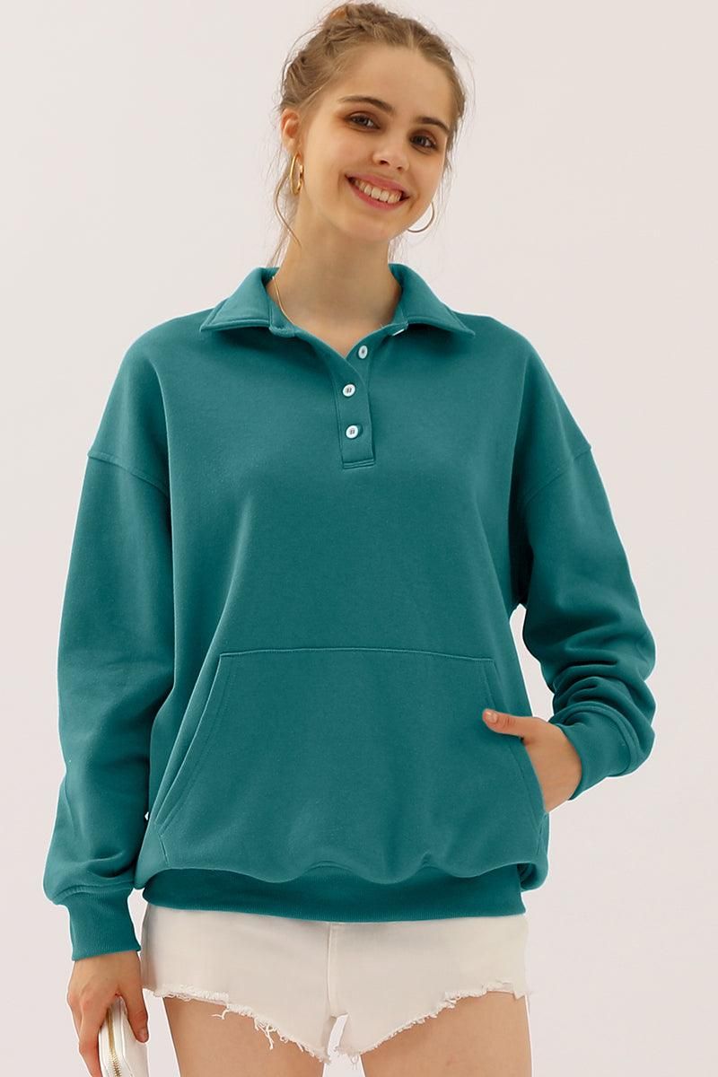 BOTTON COLLAR SWEATSHIRT WITH KANGAROO POCKET - Doublju