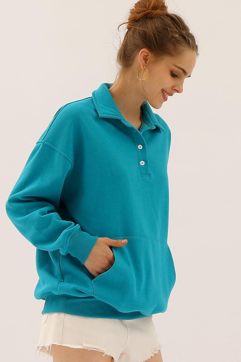 BOTTON COLLAR SWEATSHIRT WITH KANGAROO POCKET - Doublju