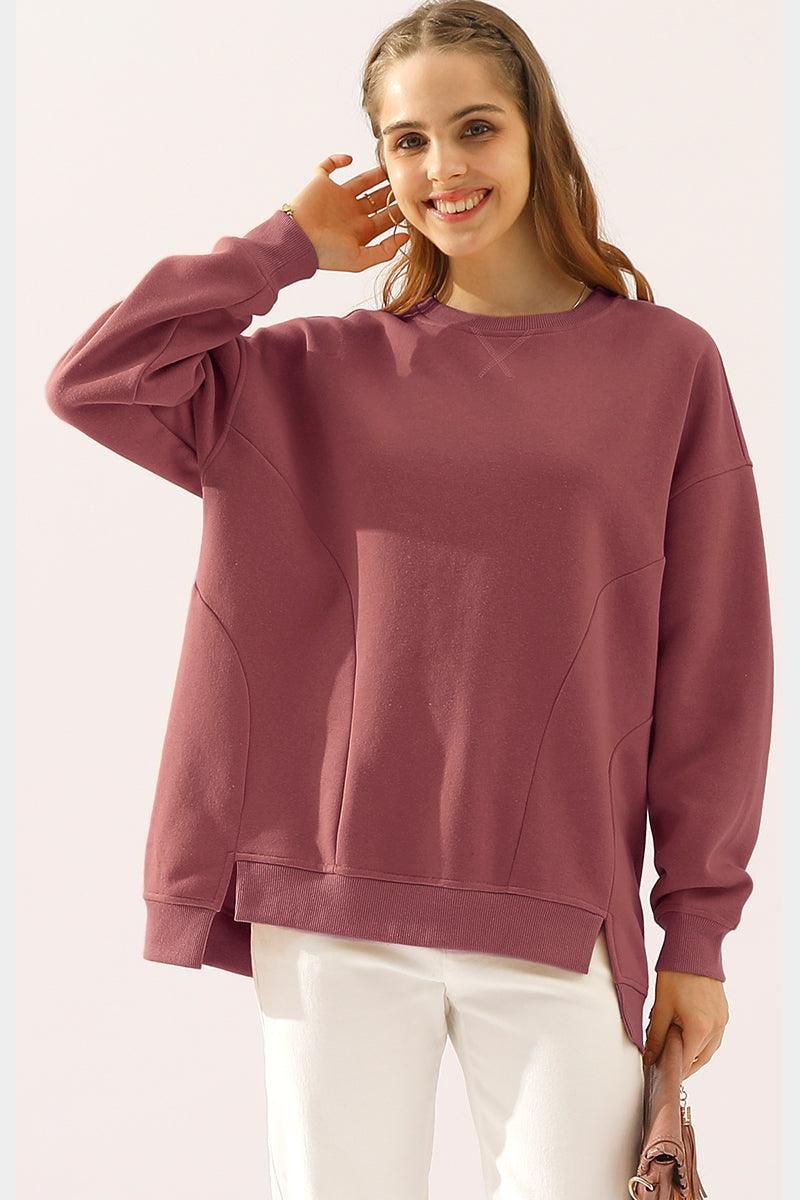 LONG SLEEVE ROUND NECK CUT HEM SWEATSHIRT - Doublju