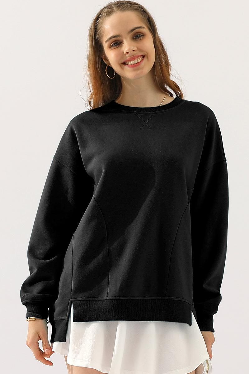 LONG SLEEVE ROUND NECK CUT HEM SWEATSHIRT - Doublju