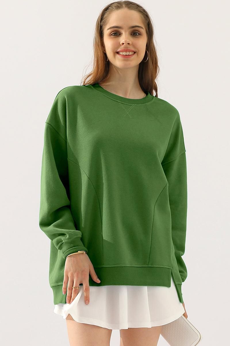 LONG SLEEVE ROUND NECK CUT HEM SWEATSHIRT - Doublju