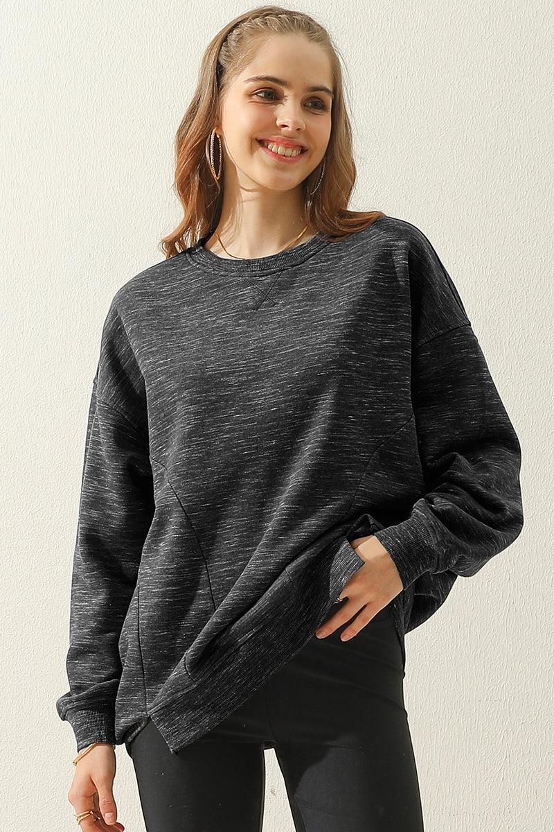 LONG SLEEVE ROUND NECK CUT HEM SWEATSHIRT - Doublju