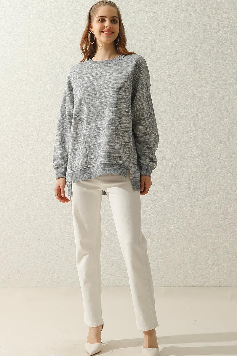 LONG SLEEVE ROUND NECK CUT HEM SWEATSHIRT - Doublju