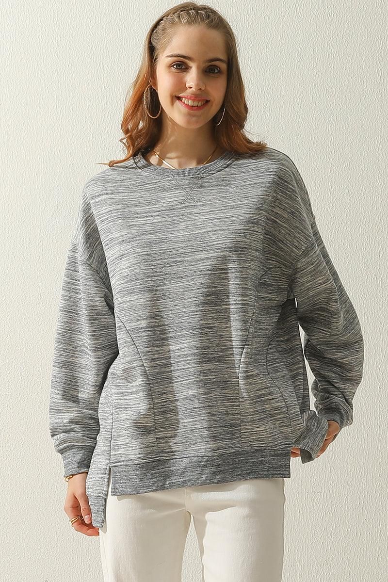 LONG SLEEVE ROUND NECK CUT HEM SWEATSHIRT - Doublju