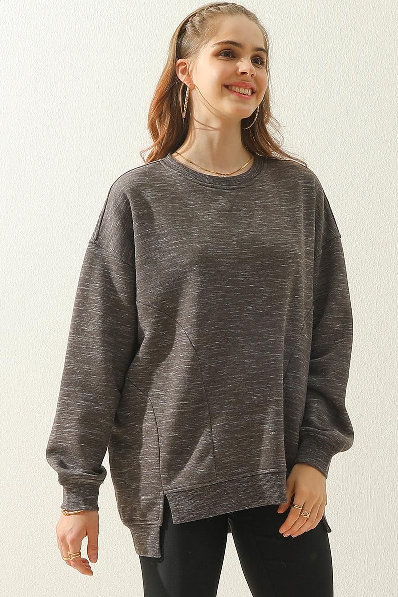 LONG SLEEVE ROUND NECK CUT HEM SWEATSHIRT - Doublju