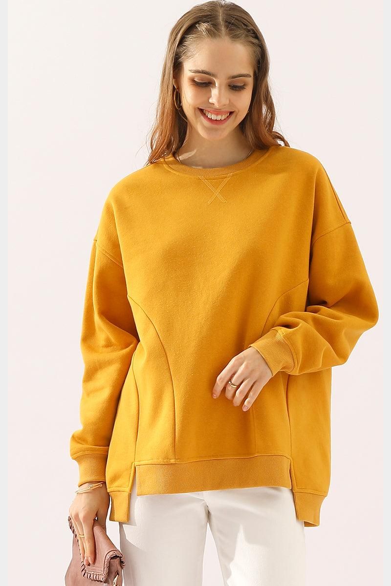 LONG SLEEVE ROUND NECK CUT HEM SWEATSHIRT - Doublju