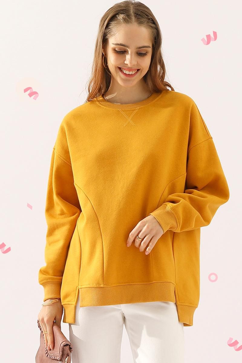 LONG SLEEVE ROUND NECK CUT HEM SWEATSHIRT - Doublju