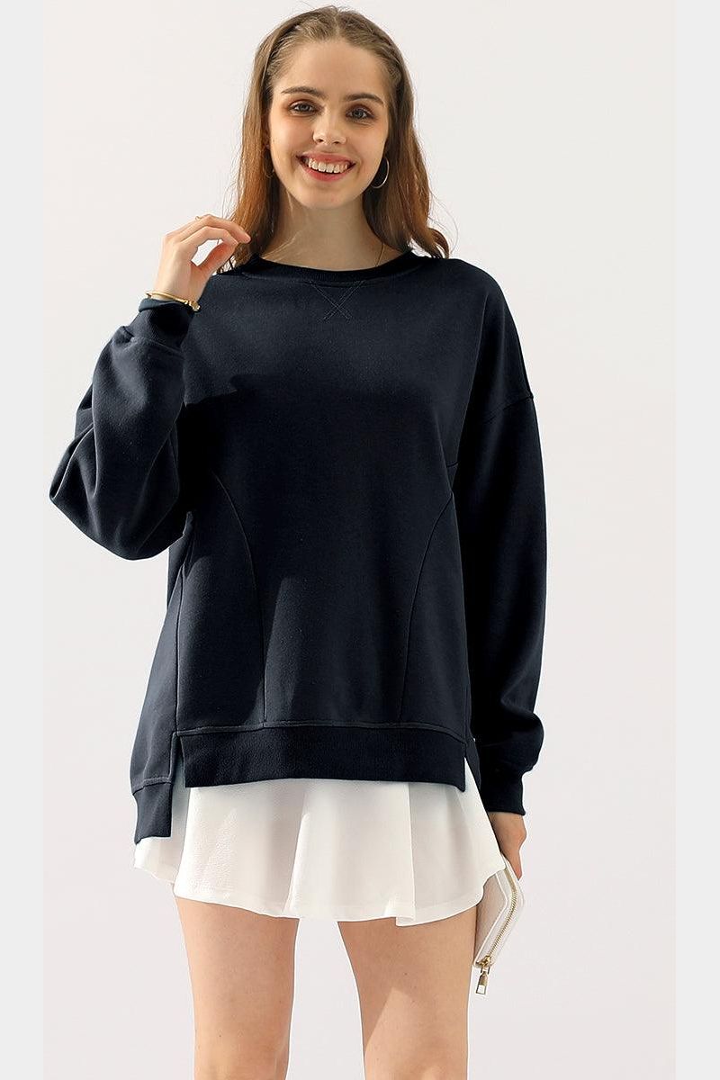 LONG SLEEVE ROUND NECK CUT HEM SWEATSHIRT - Doublju