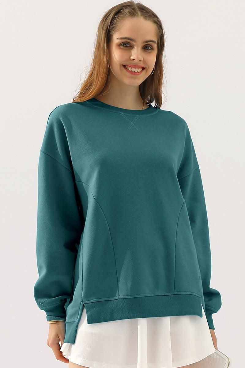 LONG SLEEVE ROUND NECK CUT HEM SWEATSHIRT - Doublju