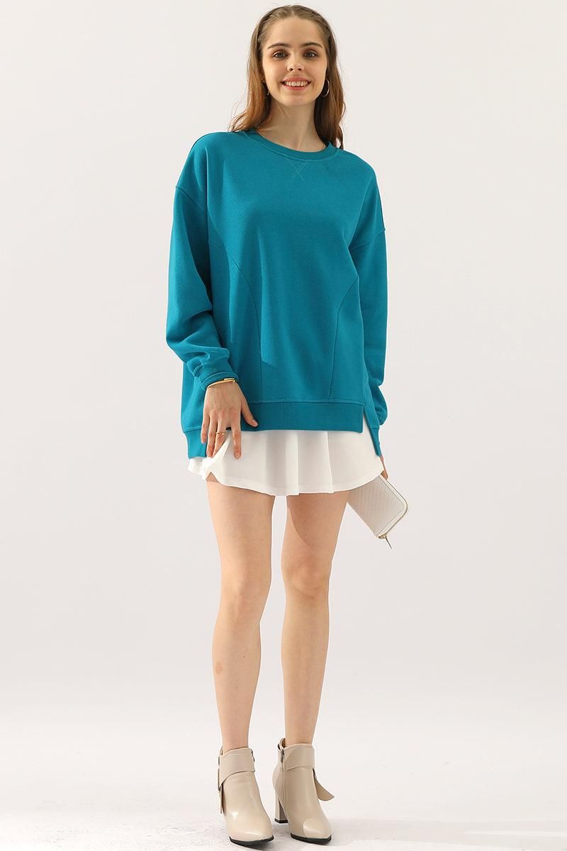 LONG SLEEVE ROUND NECK CUT HEM SWEATSHIRT - Doublju