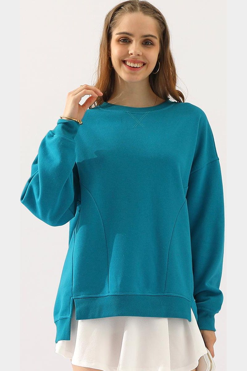 LONG SLEEVE ROUND NECK CUT HEM SWEATSHIRT - Doublju