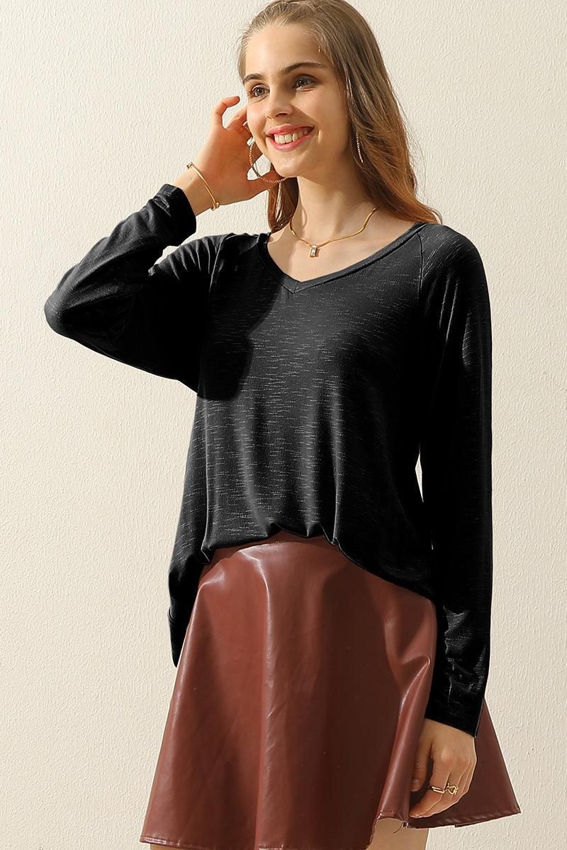 V NECK FLARE FLOUNCE LONG SLEEVE SLUB TUNIC TOP - Doublju