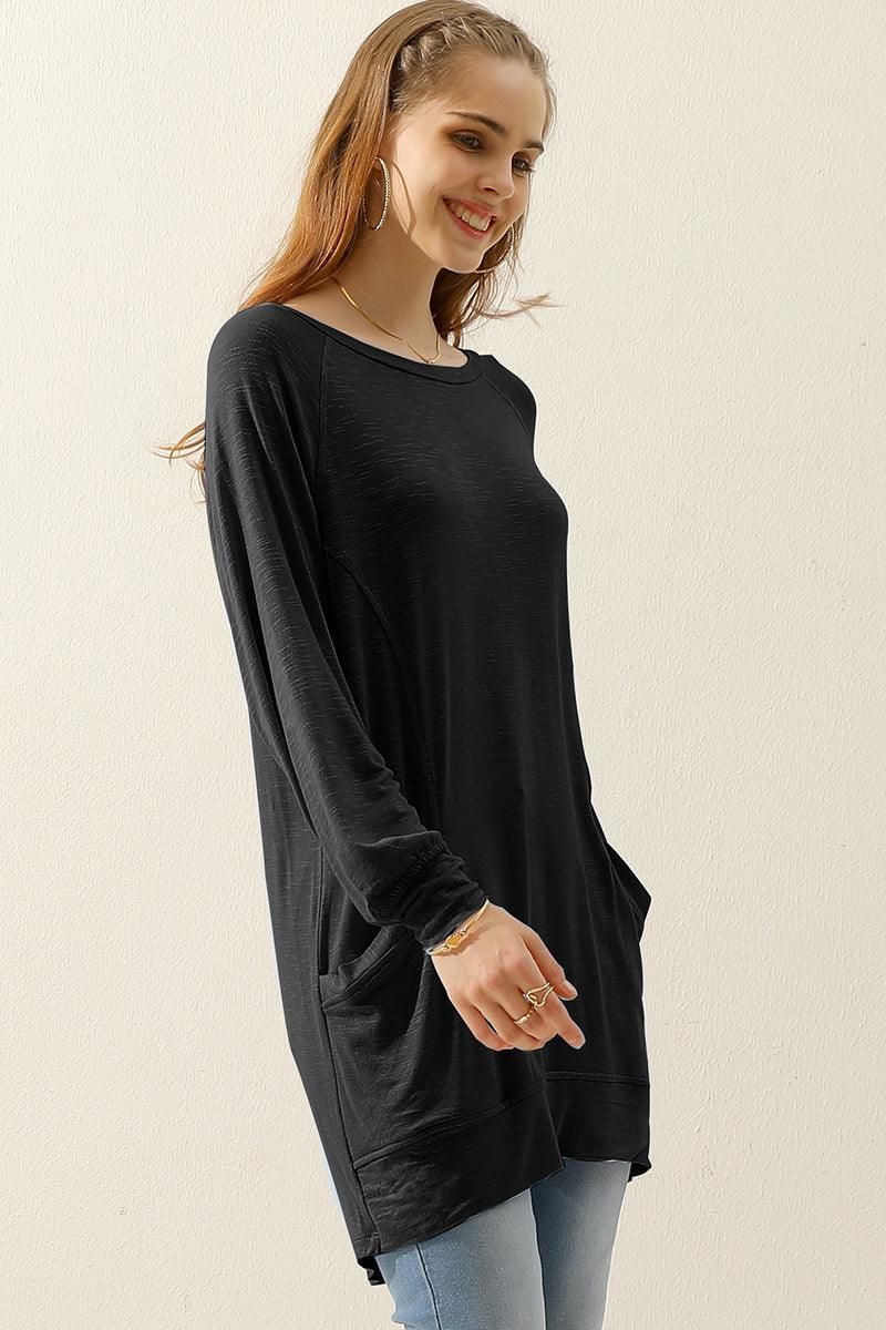 R NECK LONG SLEEVE SLUB LONG KNIT TOP WITH POCKETS - Doublju