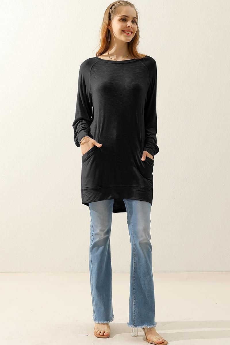 R NECK LONG SLEEVE SLUB LONG KNIT TOP WITH POCKETS - Doublju