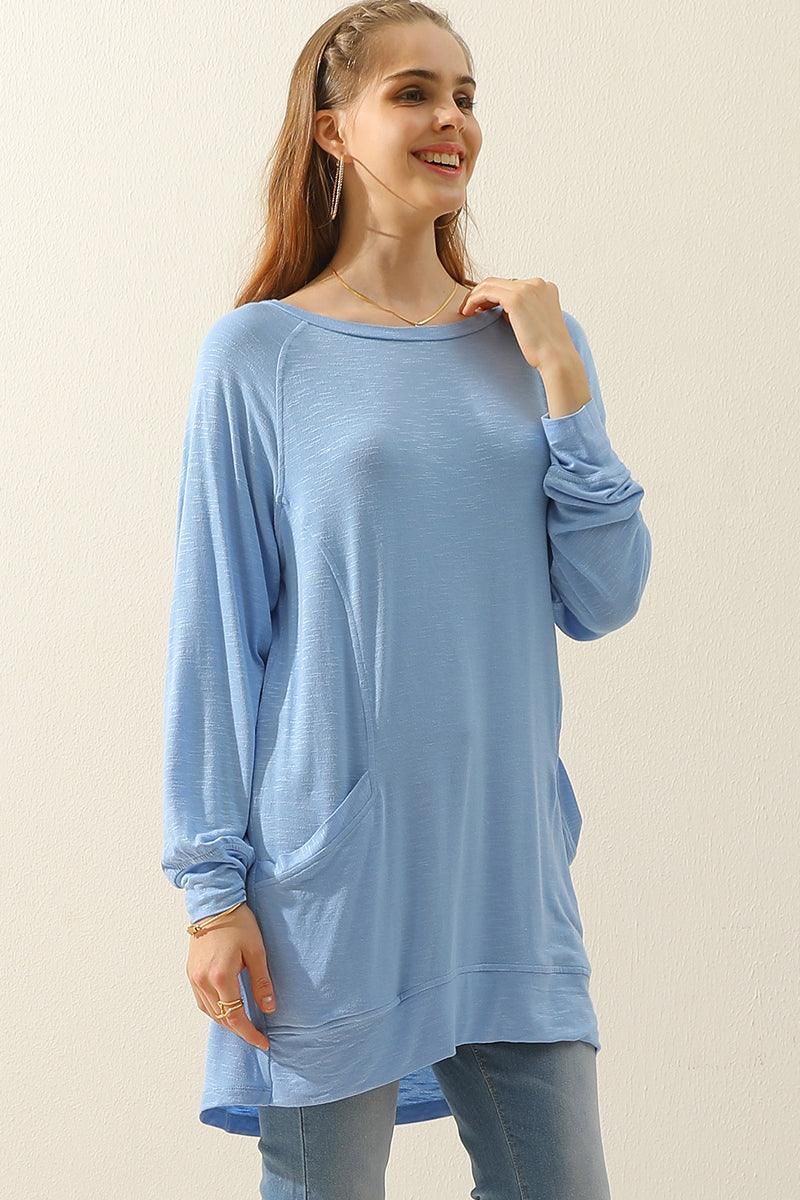 R NECK LONG SLEEVE SLUB LONG KNIT TOP WITH POCKETS - Doublju