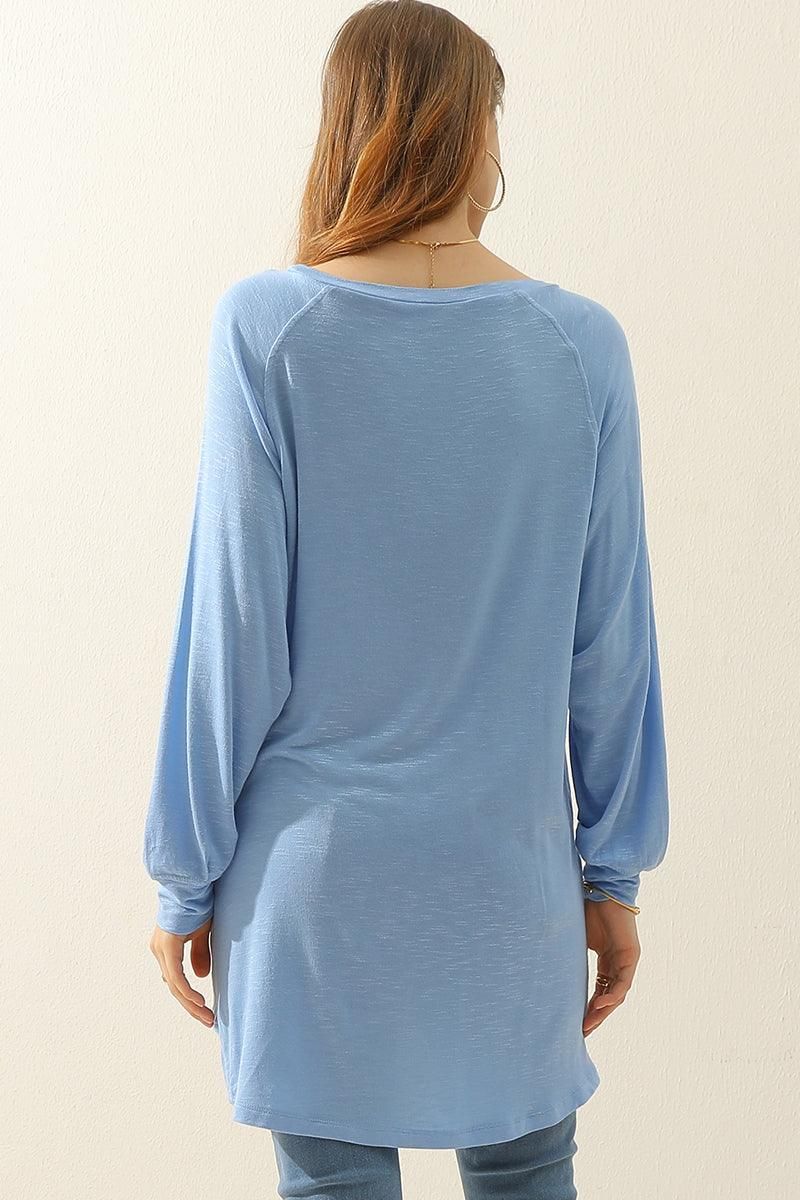 R NECK LONG SLEEVE SLUB LONG KNIT TOP WITH POCKETS - Doublju