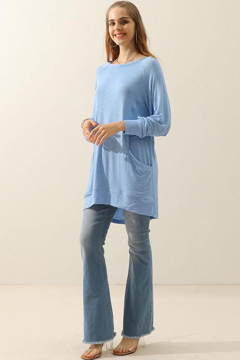 R NECK LONG SLEEVE SLUB LONG KNIT TOP WITH POCKETS - Doublju