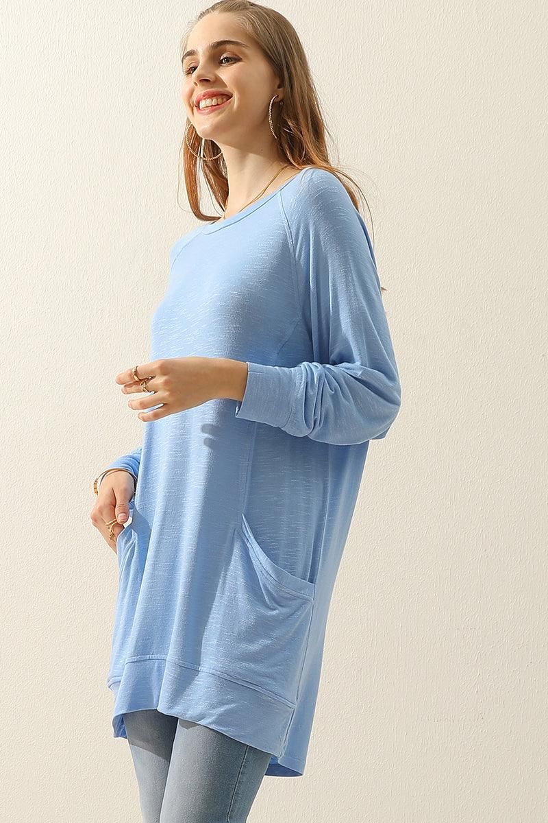 R NECK LONG SLEEVE SLUB LONG KNIT TOP WITH POCKETS - Doublju