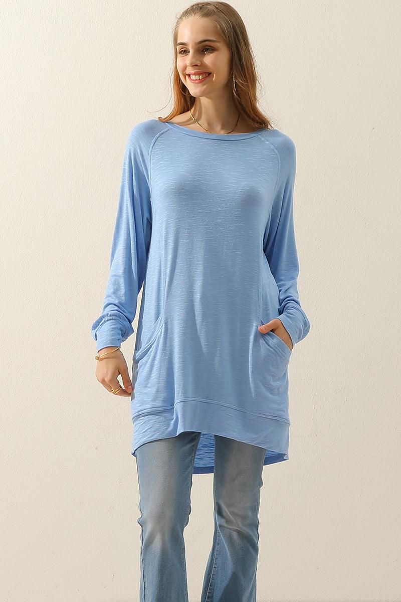 R NECK LONG SLEEVE SLUB LONG KNIT TOP WITH POCKETS - Doublju