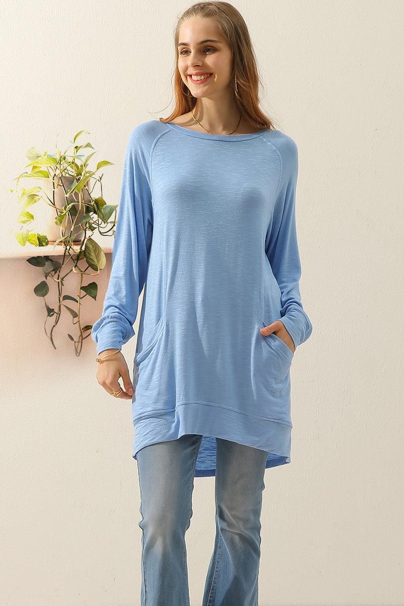 R NECK LONG SLEEVE SLUB LONG KNIT TOP WITH POCKETS - Doublju