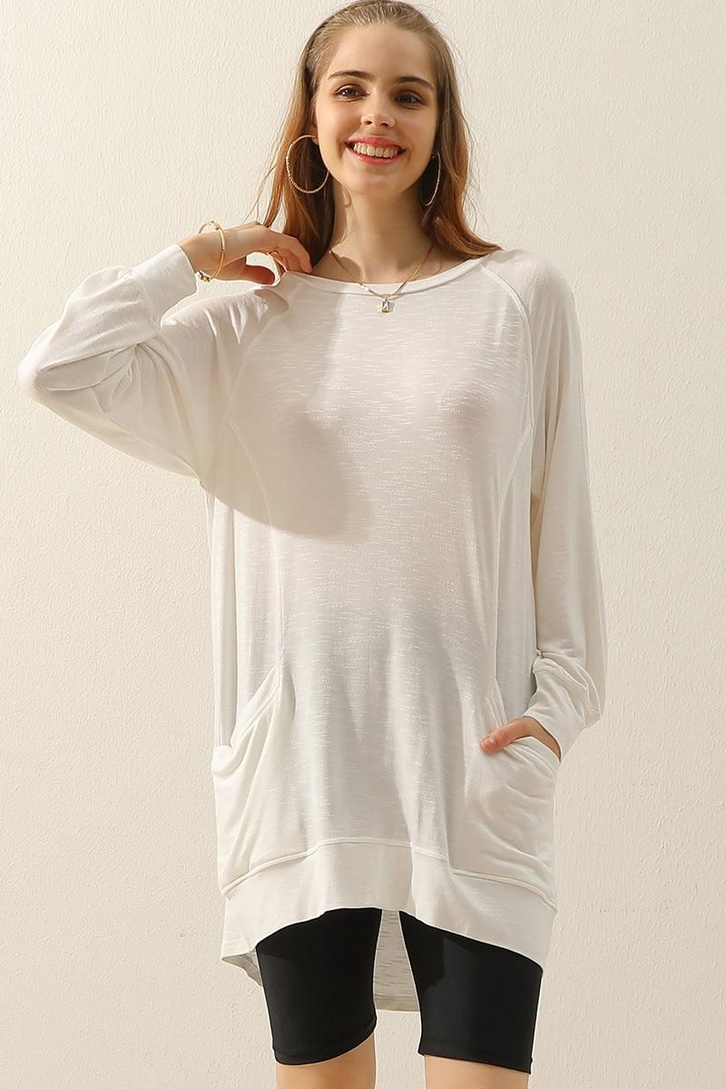 R NECK LONG SLEEVE SLUB LONG KNIT TOP WITH POCKETS - Doublju