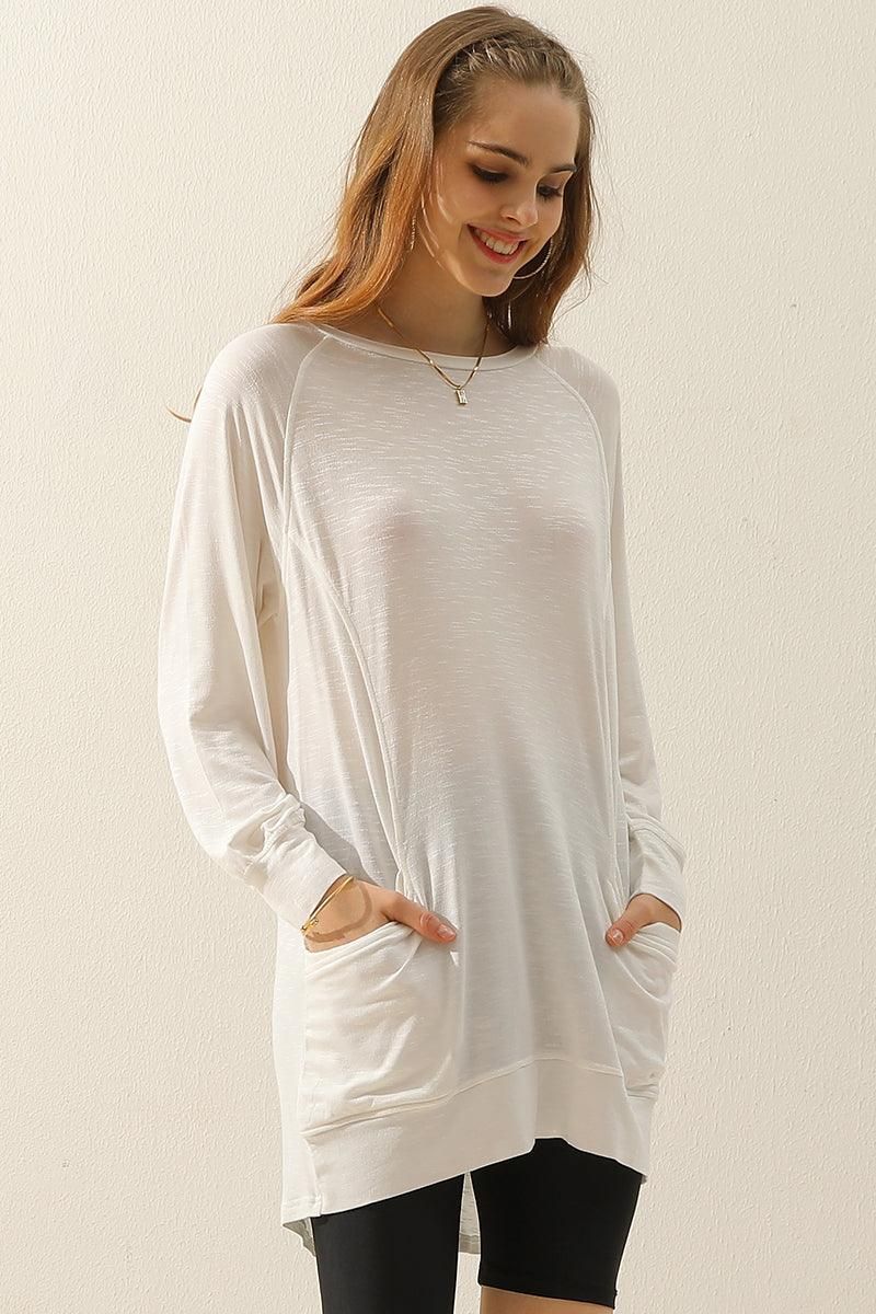 R NECK LONG SLEEVE SLUB LONG KNIT TOP WITH POCKETS - Doublju