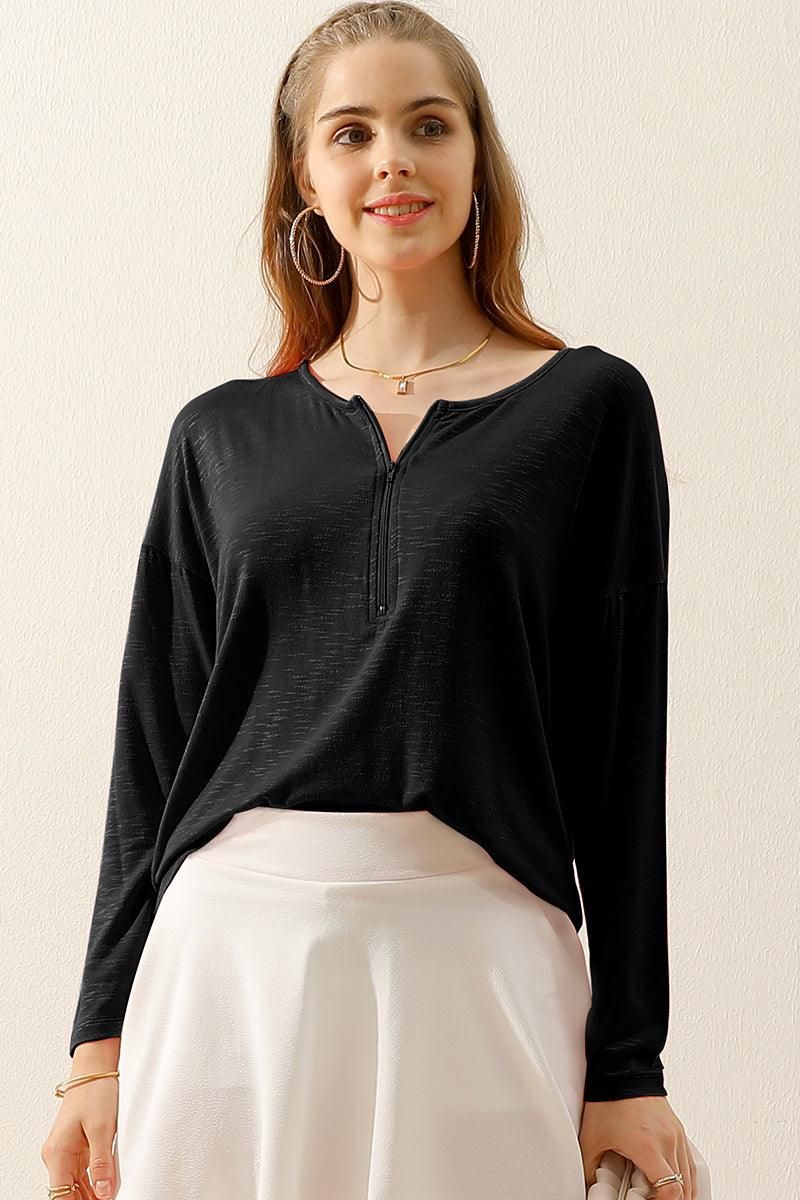 ZIP-UP R NECK LONG SLEEVE SLUB TUNIC TOP - Doublju